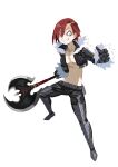  1boy axe belt black_pants fur_trim grin hair_between_eyes harada_takehito highres holding holding_axe leg_armor looking_at_viewer male_focus navel official_art pants photoshop_(medium) red_hair sharp_teeth shikabane-gurai_no_bouken_meshi smile teeth topless_male transparent_background 