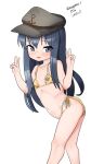  absurdres akatsuki_(kancolle) anchor_symbol bikini black_hair black_hat blue_eyes breasts dated double_v feet_out_of_frame flat_cap gold_bikini hat highres kantai_collection leaning_forward looking_at_viewer maru_(marg0613) one-hour_drawing_challenge side-tie_bikini_bottom small_breasts swimsuit twitter_username v white_background 