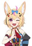  1girl :d ahoge alternate_hairstyle animal_ears bare_shoulders blonde_hair blue_bow blush bow choker fox_ears gloves hair_bow hair_ornament heart heart-shaped_pupils hololive looking_at_viewer multicolored_hair omaru_polka one_eye_closed open_mouth own_hands_together purple_eyes red_choker red_gloves round_teeth short_hair simple_background single_glove smile solo streaked_hair symbol-shaped_pupils teeth upper_body upper_teeth virtual_youtuber white_background wristband x_hair_ornament yoako 
