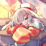  cardigan desk evening fur_scarf grey_hair hair_ornament hat highres kuuron_(moesann17) one_eye_closed open_cardigan open_clothes puzzle_&amp;_dragons rabbit_hair_ornament red_cardigan remu_(p&amp;d) school_desk sleepy 