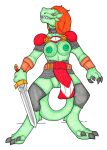 4_fingers anthro areola armor barefoot belt big_breasts black_claws breasts claws clothed clothing corruption digitigrade dragon erect_nipples eyelashes feet female finger_claws fingers front_view genitals gloves green_areola green_body green_nipples green_scales hair handwear heel_claw holding_melee_weapon holding_object holding_weapon horn huge_breasts identity_death ivanks long_hair long_neck long_tail looking_down looking_down_at_self melee_weapon mental_transformation mid_transformation mythological_creature mythological_scalie mythology nipples non-mammal_breasts non-mammal_nipples orange_eyes orange_hair plate_armor pupils pussy red_hair reptile scale_armor scales scalie sharp_teeth simple_background slit_pupils snout solo species_transformation spread_legs spreading standing sword tabard tail teeth toe_claws topless torn_clothing transformation transformation_through_magic weapon white_background yellow_sclera