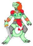  4_fingers anthro areola armor barefoot belt big_breasts black_claws breasts claws clothed clothing corruption digitigrade dragon erect_nipples eyelashes feet female finger_claws fingers front_view genitals gloves green_areola green_body green_nipples green_scales hair handwear heel_claw holding_melee_weapon holding_object holding_weapon horn huge_breasts identity_death ivanks long_hair long_neck long_tail looking_down looking_down_at_self melee_weapon mental_transformation mid_transformation mythological_creature mythological_scalie mythology nipples non-mammal_breasts non-mammal_nipples orange_eyes orange_hair plate_armor pupils pussy red_hair reptile scale_armor scales scalie sharp_teeth simple_background slit_pupils snout solo species_transformation spread_legs spreading standing sword tabard tail teeth toe_claws topless torn_clothing transformation transformation_through_magic weapon white_background yellow_sclera 
