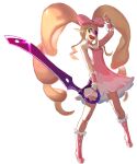  1girl blue_eyes dress harime_nui holding holding_weapon kill_la_kill pink_dress rr_(suisse200) smile standing weapon 