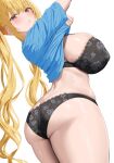  1girl ass blonde_hair blush bra breasts clothes_lift highres large_breasts long_hair looking_at_viewer looking_back oekakizuki orange_eyes original panties shirt_lift short_sleeves solo thighs twintails underwear 