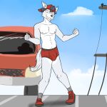 anthro backwards_baseball_cap backwards_hat baseball_cap briefs briefs_only bulge canid canine canis car clothed clothing dancing eyes_closed footwear fuze grin hat headgear headwear hi_res male mammal navel nipples outside shoes smile socks solo street topless underwear underwear_only vehicle wolf wolf_frat_dude_(fuze)