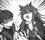  1boy 1girl anger_vein animal_ears bow closed_eyes collarbone ear_bow greyscale hair_between_eyes highres hood horse_ears horse_girl ikezoe_ken&#039;ichi jacket long_hair long_sleeves mask messy_hair monochrome mouth_mask open_mouth orfevre_(umamusume)_(old_design) poteo_(poteo_mot) real_life shirt short_hair simple_background smile sweat sweatdrop umamusume upper_body white_background 