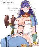  1girl ? alternate_body_size arm_support blue_eyes blue_hair blue_thighhighs blunt_bangs breasts character_name chocolate cleavage collarbone commission cookie copyright_name covered_nipples cropped_legs dress earrings eating english_commentary english_text fate/grand_order fate_(series) food holding_dumbbell jewelry large_breasts long_hair looking_at_viewer martha_(fate) navel ohasi parted_lips puff_of_air purple_hair simple_background sitting solo sweat thick_thighs thighhighs thighs tsurime white_background white_dress 