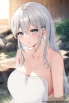  1girl blush breasts cleavage collarbone copyright_notice eyelashes grey_eyes grey_hair hair_between_eyes large_breasts long_hair nagi_aoi naked_towel onsen original plant rock sidelocks solo towel upper_body water wet 