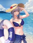  alternate_costume alternate_hairstyle bare_arms bare_shoulders beach bikini blue_bikini blue_sarong blue_sky breasts cleavage cloud cloudy_sky collarbone commentary_request cowboy_shot day final_fantasy final_fantasy_brave_exvius flower_hat glaciela_wezette grey_hair halterneck hand_up hat hirono_(hxze4434) holding holding_swim_ring horizon innertube large_breasts long_hair looking_at_viewer mountainous_horizon navel ocean open_mouth outdoors red_eyes sand sarong sidelocks sky stomach straw_hat swim_ring swimsuit war_of_the_visions:_final_fantasy_brave_exvius 