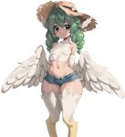  1girl :3 ahoge bare_shoulders birb_(niniidawns) bird_legs blush braid breasts brown_eyes denim denim_shorts feathered_wings feathers green_hair hair_between_eyes harpy hat head_wings heart heart_ahoge long_hair looking_at_viewer midriff monster_girl navel niniidawns non-web_source open_fly original outline ribbed_shirt shirt shorts sleeveless sleeveless_shirt sleeveless_turtleneck small_breasts solo straw_hat transparent_background turtleneck twin_braids white_feathers white_outline white_shirt white_wings wide_hips wing_ears winged_arms wings 