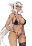  1girl animal_ears bare_shoulders bikini black_bikini black_legwear blue_eyes body_markings breasts caenis_(fate) cleavage collarbone dark_skin dark_skinned_female fate/grand_order fate_(series) hairband hand_on_hip haruhisky highleg highleg_bikini highres navel single_thighhigh swimsuit thighhighs thighs white_hair 