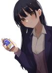  1girl absurdres black_hair blazer blush boku_no_kokoro_no_yabai_yatsu bottle brown_eyes cardigan closed_mouth collarbone collared_shirt commentary dress_shirt drink hand_up head_tilt highres hikarinohitori holding holding_bottle holding_drink jacket light_smile long_hair looking_at_viewer mole mole_on_neck open_clothes open_jacket purple_cardigan purple_jacket shirt simple_background solo translation_request upper_body white_background white_shirt yamada_anna 