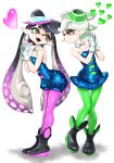  2girls :d ankle_boots bare_shoulders black_footwear black_hair blue_dress blue_jumpsuit boots bow-shaped_hair breasts callie_(splatoon) cleavage closed_mouth collarbone cousins cross-shaped_pupils detached_collar dress earrings eye_contact fangs food food_on_head gloves gradient_hair green_hair green_pantyhose hands_up heart highres inkling interlocked_fingers jewelry jumpsuit koharu2.5 long_hair looking_at_another marie_(splatoon) mole mole_under_eye multicolored_hair multiple_girls object_on_head open_mouth pantyhose pink_hair pink_pantyhose pointy_ears red_pupils shadow short_dress short_eyebrows short_hair short_jumpsuit simple_background small_breasts smile splatoon_(series) splatoon_1 standing strapless strapless_dress strapless_jumpsuit suction_cups symbol-shaped_pupils tentacle_hair two-tone_hair very_long_hair white_background white_gloves white_hair yellow_eyes 