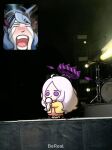  2girls :o ahoge ako_(blue_archive) bereal blue_archive blue_hair blush cardigan cardigan_on_shoulders chibi commentary concert crying crying_with_eyes_open demon_girl demon_horns demon_wings drum drum_set fan_screaming_at_madison_beer_(meme) forehead full_body hair_down hairband halo highres hina_(blue_archive) hina_(pajamas)_(blue_archive) holding holding_microphone horns inset instrument long_hair long_sleeves looking_at_viewer meme microphone multiple_girls music official_alternate_costume official_alternate_hairstyle open_cardigan open_clothes pajamas parted_bangs parted_lips photo_background pink_pajamas polka_dot polka_dot_pajamas portrait purple_eyes screaming sidelocks singing slippers spotlight standing streaming_tears symbol-only_commentary tears uz_(uzru0428) wavy_hair white_hair wings yellow_cardigan 