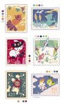  bird character_request color_guide duck flower food fruit grapes meowth no_humans pink_flower pokemon pokemon_(creature) postage_stamp red_hood running simple_background swallow_(bird) white_background yurano_(upao) 