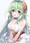  1girl 40_(0f0urw) :d absurdres anastigal_elmar_engel_berglund bangs bare_shoulders between_legs bikini bikini_top blush breasts cleavage commentary_request commission eyebrows_visible_through_hair green_eyes green_hair hair_between_eyes hair_leaf halter_top halterneck hand_between_legs high-waist_skirt highres iris_mysteria! long_hair looking_at_viewer medium_breasts open_mouth pointy_ears purple_skirt sitting skeb_commission skirt smile solo swimsuit very_long_hair white_background white_bikini 