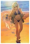  2girls :d bare_shoulders barefoot beach bikini blue_bikini blue_hair breasts carrying carrying_person clenched_teeth facial_mark g11_(girls&#039;_frontline) girls&#039;_frontline green_eyes highres hk416_(girls&#039;_frontline) long_hair multiple_girls mush ocean outdoors smile sunset swimsuit teeth white_hair 