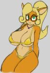 2023 activision anthro axelarion bandicoot big_breasts bikini bikini_bottom bikini_top blonde_hair breasts cleavage clothed clothing coco_bandicoot crash_bandicoot_(series) eyewear female glasses gold_bikini green_eyes hair huge_breasts mammal marsupial multicolored_body navel orange_body ponytail smile solo swimwear tan_body two_tone_body