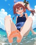  1girl :d ahoge barefoot black_ribbon blue_one-piece_swimsuit blue_sky blush breasts brown_hair cameltoe covered_navel crossed_bangs day dongchuan feet foot_focus foreshortening full_body hair_between_eyes hair_ribbon highres hololive knees_apart_feet_together knees_up legs long_hair looking_at_viewer natsuiro_matsuri ocean one-piece_swimsuit open_mouth outdoors ribbon side_ponytail sitting sky small_breasts smile soles solo swimsuit toenails toes virtual_youtuber 