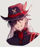  1boy black_eyes black_hat black_jacket boothill_(honkai:_star_rail) bullet_earrings commentary_request cowboy_hat cropped_shoulders crosshair_pupils grin hair_over_one_eye hat hat_feather highres honkai:_star_rail honkai_(series) jacket long_hair looking_at_viewer male_focus mole mole_under_eye multicolored_hair multiple_moles pochimaru_(marumaru_wanwan) red_pupils red_shirt sharp_teeth shirt simple_background smile solo teeth white_background white_hair 