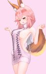 1girl animal_ear_fluff animal_ears artist_request backless_dress backless_outfit breasts dress eyebrows_visible_through_hair fang fate/extra fate/grand_order fate_(series) fox_ears fox_girl fox_tail highres large_breasts looking_down meme_attire open_mouth pink_hair sideboob skin_fang solo sweater sweater_dress tail tamamo_(fate)_(all) tamamo_no_mae_(fate) turtleneck turtleneck_sweater virgin_killer_sweater yellow_eyes 