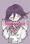  1boy ^_^ arm_belt az1199 belt black_scarf blush_stickers buttons chain checkered_clothes checkered_scarf closed_eyes commentary_request cropped_legs danganronpa_(series) danganronpa_v3:_killing_harmony dated double-breasted english_text grin hair_between_eyes happy happy_birthday head_tilt highres jacket layered_sleeves long_sleeves multicolored_buttons notice_lines oma_kokichi purple_background purple_hair scarf short_hair simple_background smile solo two-tone_scarf white_belt white_jacket white_scarf white_sleeves 