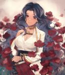  1girl black_hair breasts eagerfiend earrings flower highres jewelry large_breasts long_hair looking_at_viewer mole mole_under_eye necklace nijisanji nijisanji_en red_eyes scarle_yonaguni scarle_yonaguni_(1st_costume) solo virtual_youtuber 