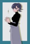  1girl blue_eyes blue_hair blush_stickers drop_shadow hair_ornament hairclip high-waist_pants long_sleeves looking_at_viewer maco22 original own_hands_together pants ponytail smile solo turtleneck x_hair_ornament 