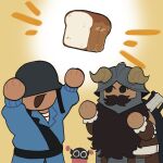  2boys :d arms_up beard blu_soldier_(tf2) bread cheering covered_eyes cowboy_shot crossover deformed dungeon_meshi dwarf facial_hair fake_horns food helmet helmet_over_eyes highres horned_helmet horns loaf_of_bread long_beard male_focus multiple_boys senshi_(dungeon_meshi) smile soldier_(tf2) solid_circle_eyes standing team_fortress_2 terrax_art thick_mustache trait_connection very_long_beard 