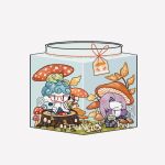  2boys animal_on_head blue_eyes blue_hair chibi curly_hair domino_mask frog ghiaccio glasses grass high_collar in_jar jojo_no_kimyou_na_bouken male_focus mask melone mini_person miniboy multiple_boys mushroom on_head open_mouth purple_hair red-framed_eyewear shinoru_all sitting sitting_on_tree_stump tree_stump vento_aureo 