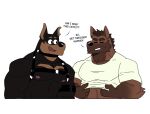  2023 abs anthro armband barbell_piercing bert_(blackclownowo) black_body black_fur blackclown00 blackclownowo brown_body brown_fur brown_hair bruce_(tofuxal) canid canine canis chibi clothing dialogue dobermann domestic_dog dressing duo ear_piercing ear_ring english_text eyes_closed fur german_shepherd gloves_(marking) hair harness herding_dog male male/male mammal markings multicolored_body multicolored_fur muscular muscular_anthro muscular_male nipple_barbell nipple_piercing nipples open_mouth pastoral_dog pecs piercing pinscher ring_piercing shirt shirtless text topwear two_tone_body two_tone_fur white_clothing white_shirt white_topwear 