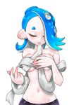  1girl 3: alternate_breast_size bare_shoulders blue_hair breasts chest_sarashi closed_eyes closed_mouth collarbone earrings eyeliner groin highres jewelry koharu2.5 long_hair makeup medium_breasts mouth_hold multiple_earrings navel octoling red_eyeliner sarashi shiver_(splatoon) short_eyebrows simple_background solo splatoon_(series) splatoon_3 suction_cups tentacle_hair tooth_earrings white_background 