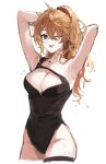  1girl absurdres armpits arms_up black_one-piece_swimsuit blue_eyes breasts cleavage cropped_legs genderswap genderswap_(mtf) genshin_impact hair_between_eyes highres large_breasts long_hair looking_at_viewer mup534 one-piece_swimsuit orange_hair ponytail simple_background solo swimsuit tartaglia_(genshin_impact) tongue tongue_out wet wet_hair white_background 