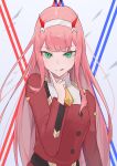  1girl :q absurdres commentary_request darling_in_the_franxx eyeliner green_eyes hairband hand_up highres horns index_finger_raised long_hair long_sleeves looking_at_viewer makeup military_uniform necktie pink_hair red_eyeliner red_horns red_shirt ruha_(ruha12haru) shirt solo tongue tongue_out uniform upper_body white_hairband yellow_necktie zero_two_(darling_in_the_franxx) 
