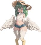  1girl :&lt; ahoge bare_shoulders birb_(niniidawns) bird_legs blank_eyes blush braid denim denim_shorts feathered_wings feathers green_hair hair_between_eyes harpy hat head_wings heart heart_ahoge long_hair midriff monster_girl navel niniidawns non-web_source open_fly original outline ribbed_shirt shirt shorts sleeveless sleeveless_shirt sleeveless_turtleneck solo straw_hat transparent_background turtleneck twin_braids white_feathers white_outline white_shirt white_wings wide_hips wing_ears winged_arms wings 