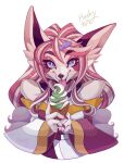  2020 4_fingers accessory anthro breasts brown_nose bust_portrait canid canine claws clothed clothing dessert eyelashes female finger_claws fingers food fox fur hair hair_accessory hi_res holding_food holding_object ice_cream ice_cream_cone inner_ear_fluff inutsukihasukii kemono licking looking_at_viewer mammal multicolored_body multicolored_fur multicolored_hair pink_body pink_fur pink_hair portrait purple_body purple_eyes purple_fur purple_hair signature simple_background solo tongue tongue_out tuft white_background white_body white_fur white_hair 
