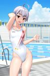  1girl absurdres ahoge blue_sky breasts clothes_writing cloud commentary_request competition_swimsuit contrapposto covered_navel day grey_hair highleg highleg_swimsuit highres lane_line one-piece_swimsuit original outdoors pool pool_ladder poolside red_eyes short_hair sky small_breasts smile solo string_of_flags swimsuit takafumi tomboy variant_set white_one-piece_swimsuit 