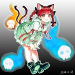  1girl adjusting_clothes animal_ear_fluff animal_ears black_footwear blush braid bright_pupils cat_ears cat_tail dated dress frills ghost gradient_background green_dress hitodama kaenbyou_rin katasumi looking_at_viewer multiple_tails nail_polish open_mouth red_eyes red_hair red_nails red_ribbon ribbon skull smile striped_clothes tail touhou twin_braids two_tails white_pupils 