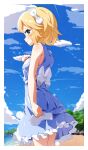  1girl beach blonde_hair blue_dress blue_sky blush bow cloud commentary_request day dress green_eyes hair_bow highres holding holding_shoes idolmaster idolmaster_cinderella_girls looking_at_viewer outdoors profile sakurai_momoka shoes short_hair sideways_glance sky smile solo unworn_shoes water yairo_ju 