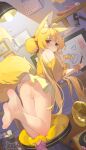  1girl absurdres ahoge animal_ear_fluff animal_ears ass bare_legs barefoot blonde_hair blush closed_mouth feet fox_ears fox_girl fox_tail from_behind hair_bun highres indoors long_hair looking_at_viewer looking_back ningmeng_jing_jing_jing_jing no_panties no_shoes off_shoulder original pussy red_eyes scrunchie shirt skirt soles solo tail toes very_long_hair 