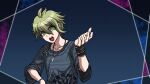  amami_rantaro antenna_hair blue_background blue_shirt blue_sleeves brooch collarbone commentary_request danganronpa_(series) danganronpa_v3:_killing_harmony eyelashes furrowed_brow green_eyes green_hair hair_between_eyes hand_on_own_hip jewelry long_sleeves looking_at_viewer multiple_bracelets official_style open_mouth outside_border outstretched_hand palms parody pendant polka_dot polka_dot_background shirt short_hair simple_background sleeves_past_elbows striped_clothes striped_shirt style_parody teeth upper_teeth_only vertical-striped_sleeves yumaru_(marumarumaru) 