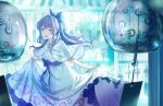  1girl :d asagao_reijou_(love_live!) blue_bow blurry blurry_foreground bow dress floral_print_dress game_cg gradient_dress green_eyes hair_bow halter_dress halterneck highres link!_like!_love_live! long_dress long_hair love_live! official_art open_mouth otomune_kozue ponytail purple_dress purple_hair skirt_hold sleeveless sleeveless_dress smile solo teeth third-party_source upper_teeth_only virtual_youtuber white_dress 