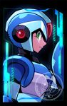  1boy android arm_cannon arm_up armor artist_logo blue_armor blue_helmet commentary_request forehead_jewel from_side green_eyes helmet looking_at_viewer male_focus mega_man_(series) mega_man_x_(series) profile shoulder_armor solo upper_body weapon x_(mega_man) x_buster yanfiregreen 