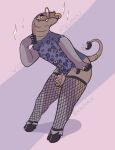 anthro clothing fishnet_clothing fishnet_legwear genitals legwear male multiple_piercings mythological_creature mythological_scalie mythology penis piercing questing_beast reuben_(scalesack) scalesack_(hex) scalie solo