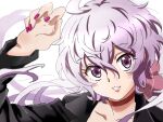  1girl black_jacket choker close-up hair_between_eyes highres jacket keeemu_(gouf2016) long_hair looking_at_viewer messy_hair nail_polish parted_lips purple_eyes purple_hair purple_nails red_choker senki_zesshou_symphogear solo white_background yukine_chris 