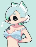  1girl arm_behind_back blue_bra blush bow-shaped_hair bra breasts closed_eyes closed_mouth collarbone commentary_request dressing earrings eighth_note gradient_hair green_background green_hair grey_hair hekoningyou_(waraningyou) highres hoop_earrings inkling jewelry large_breasts marie_(splatoon) mole mole_under_eye multicolored_hair musical_note navel pointy_ears short_hair solo splatoon_(series) splatoon_1 stomach tentacle_hair thick_eyebrows two-tone_hair u_u underwear undone_bra upper_body 