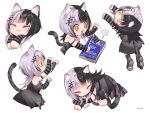  1girl animal_ears black_dress black_hair cat_ears cat_tail chibi dress grey_hair highres hololive hololive_english kemonomimi_mode kivo multicolored_hair multiple_views paw_pose shiori_novella shiori_novella_(1st_costume) simple_background split-color_hair tail two-tone_hair virtual_youtuber white_background yellow_eyes 