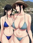  2girls bikini black_hair blush breasts cleavage highres huge_breasts large_breasts lips long_hair mature_female meme mole mole_under_mouth mom_and_her_daughter_(meme) mother_and_daughter multiple_girls navel naye_(xter) nush_(xter) original photo_inset red_eyes sidelocks swimsuit xter 