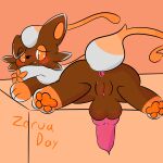  1:1 absurd_res ambiguous_gender andromorph anus balls blush brown_body brown_fur canid canine clitoris female feral fox fur generation_5_pokemon genitals gynomorph herm hi_res intersex looking_at_viewer lying male maleherm mammal nintendo nonbinary_(lore) on_front pawpads paws penis pokemon pokemon_(species) presenting pussy rory_arctic_fox solo zorua zorua_day 