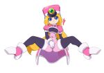 1girl android black_bodysuit blonde_hair blue_eyes bodysuit bodysuit_under_clothes breasts coat commentary_request covering_crotch covering_privates full_body hat heart kaidou_zx long_hair looking_at_viewer medium_breasts mega_man_(series) mega_man_zx pink_coat pink_footwear pink_hair prairie_(mega_man) robot_ears robot_girl shako_cap simple_background solo very_long_hair white_background 